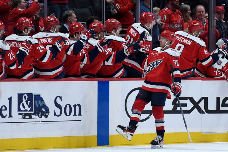 Feb 25, 2026; Washington, District of Columbia, USA; Washington Capitals defenseman Rasmus Sandin (38) celebrates after scoring a goal against the Philadelphia Flyers during the second period at Capital One Arena. Mandatory Credit: Hannah Foslien-Imagn Images