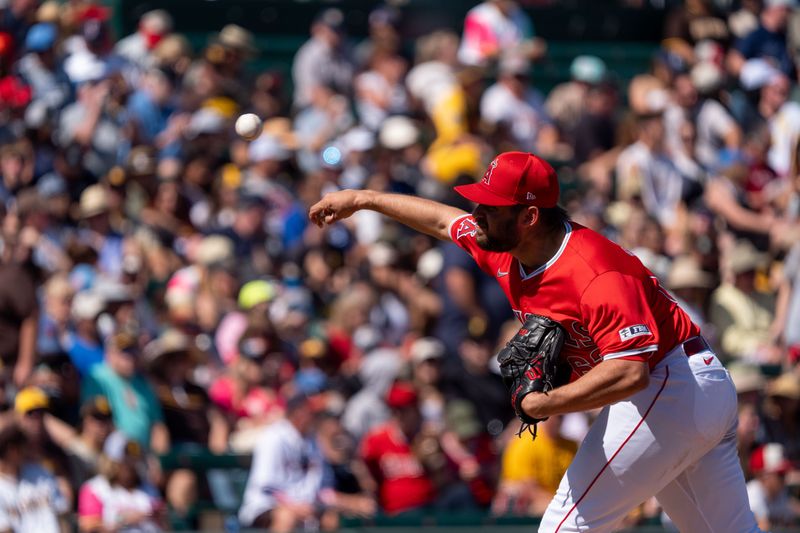 Mar 10, 2024; Tempe, Arizona, USA; Los Angeles Angeles pitcher Chase Silseth (63) on the mound in the second inning during a spring training game against the San Diego Padres at Tempe Diablo Stadium. Mandatory Credit: Allan Henry-USA TODAY Sports