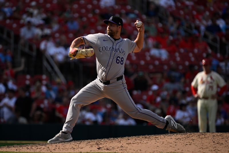 Jun 8, 2024; St. Louis, Missouri, USA; Colorado Rockies pitcher Jalen Beeks (68) throws against the St. Louis Cardinals during the eighth inning at Busch Stadium. Mandatory Credit: Jeff Le-USA TODAY Sports