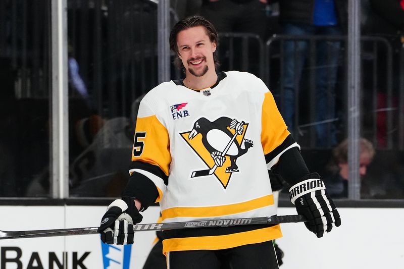 Jan 20, 2024; Las Vegas, Nevada, USA; Pittsburgh Penguins defenseman Erik Karlsson (65) warms up before a game against the Vegas Golden Knights at T-Mobile Arena. Mandatory Credit: Stephen R. Sylvanie-USA TODAY Sports