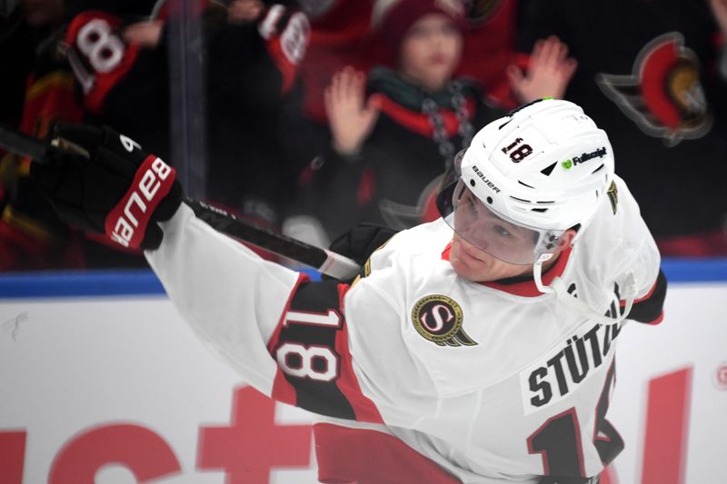 Feb 28, 2026; Toronto, Ontario, CAN;  Ottawa Senators forward Tim Stutzle (18) warms up before playing the Toronto Maple Leafs at Scotiabank Arena. Mandatory Credit: Dan Hamilton-Imagn Images