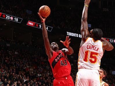 TORONTO, CANADA - DECEMBER 13: Pascal Siakam #43 of the Toronto Raptors drives to the basket during the game against the Atlanta Hawks on December 13, 2023 at the Scotiabank Arena in Toronto, Ontario, Canada.  NOTE TO USER: User expressly acknowledges and agrees that, by downloading and or using this Photograph, user is consenting to the terms and conditions of the Getty Images License Agreement.  Mandatory Copyright Notice: Copyright 2023 NBAE (Photo by Vaughn Ridley/NBAE via Getty Images)