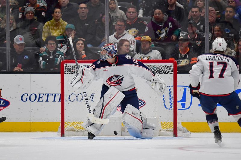 Feb 21, 2024; Anaheim, California, USA; Columbus Blue Jackets goaltender Daniil Tarasov (40) allows a goal scored by Anaheim Ducks right wing Troy Terry (19) during the second period at Honda Center. Mandatory Credit: Gary A. Vasquez-USA TODAY Sports
