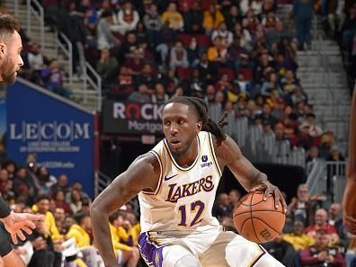 CLEVELAND, OH - NOVEMBER 25: Taurean Prince #12 of the Los Angeles Lakers handles the ball during the game against the Cleveland Cavaliers on November 25, 2023 at Rocket Mortgage FieldHouse in Cleveland, Ohio. NOTE TO USER: User expressly acknowledges and agrees that, by downloading and/or using this Photograph, user is consenting to the terms and conditions of the Getty Images License Agreement. Mandatory Copyright Notice: Copyright 2023 NBAE (Photo by David Liam Kyle/NBAE via Getty Images)