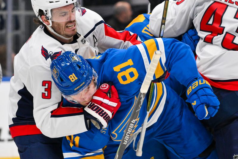 Mar 24, 2026; St. Louis, Missouri, USA; Washington Capitals defenseman Matt Roy (3) and St. Louis Blues left wing Dylan Holloway (81) get a scrum during the second period at Enterprise Center. Mandatory Credit: Jeff Curry-Imagn Images