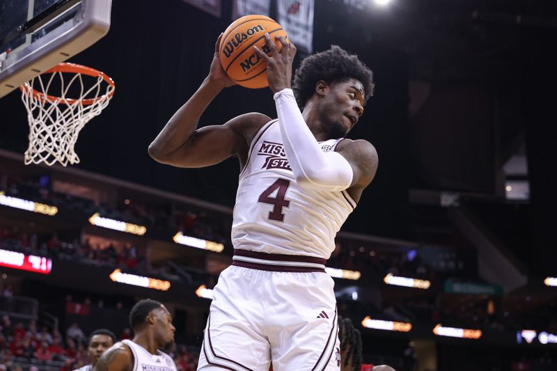 Dec 23, 2023; Newark, NY, USA; Mississippi State Bulldogs forward Cameron Matthews (4) rebounds during the first half against the Rutgers Scarlet Knights at Prudential Center. Mandatory Credit: Vincent Carchietta-USA TODAY Sports