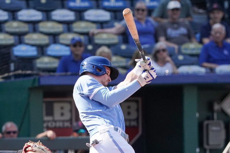 Sep 18, 2023; Kansas City, Missouri, USA; Kansas City Royals right fielder Drew Waters (6) hits a two run double against the Cleveland Guardians in the eighth inning at Kauffman Stadium. Mandatory Credit: Denny Medley-USA TODAY Sports