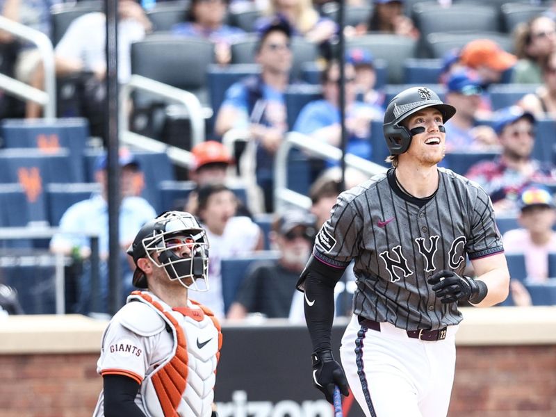 May 25, 2024; New York City, New York, USA;  New York Mets third baseman Brett Baty (22) hits a solo home run in the seventh inning against the San Francisco Giants at Citi Field. Mandatory Credit: Wendell Cruz-USA TODAY Sports