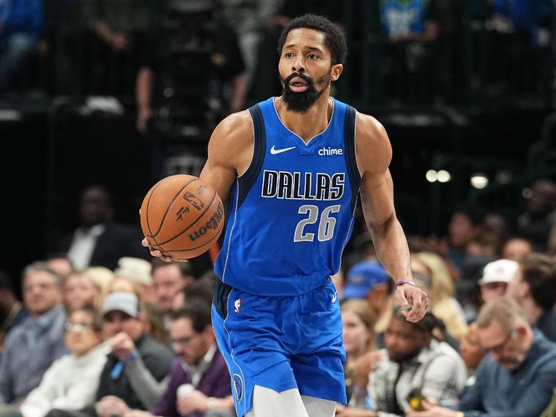 DALLAS, TX - JANUARY 17:  Spencer Dinwiddie #26 of the Dallas Mavericks dribbles the ball during the game against the Oklahoma City Thunder on January 17, 2025 at American Airlines Center in Dallas, Texas. NOTE TO USER: User expressly acknowledges and agrees that, by downloading and or using this photograph, User is consenting to the terms and conditions of the Getty Images License Agreement. Mandatory Copyright Notice: Copyright 2025 NBAE (Photo by Glenn James/NBAE via Getty Images)