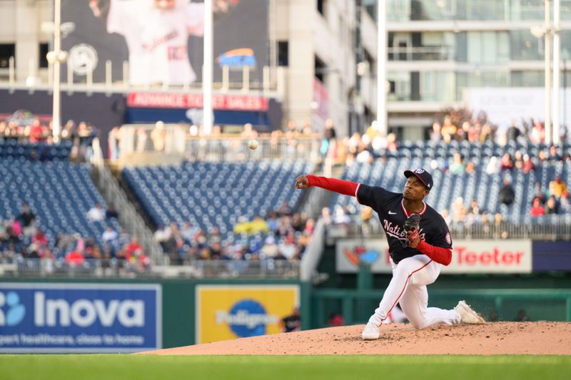 Apr 4, 2024; Washington, District of Columbia, USA; Washington Nationals starting pitcher Josiah Gray (40) throws a pitch during the first inning against the Pittsburgh Pirates at Nationals Park. Mandatory Credit: Reggie Hildred-USA TODAY Sports