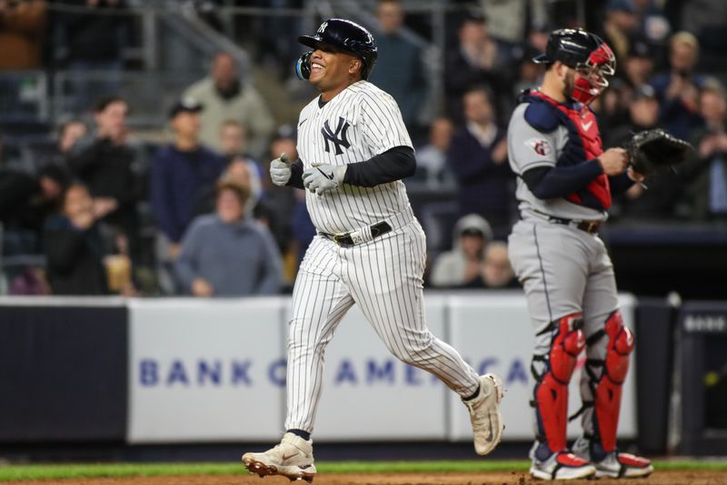 May 2, 2023; Bronx, New York, USA;  New York Yankees designated hitter Willie Calhoun (24) scores the go ahead run after hitting a home run in the seventh inning against the Cleveland Guardians at Yankee Stadium. Mandatory Credit: Wendell Cruz-USA TODAY Sports