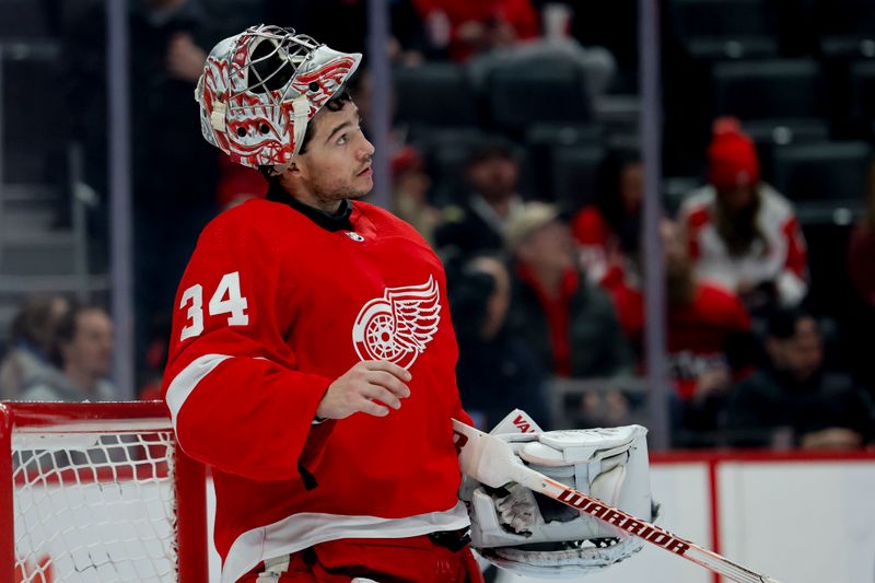 Jan 23, 2024; Detroit, Michigan, USA;  Detroit Red Wings goaltender Alex Lyon (34) looks at the score board in the first period against the Dallas Stars at Little Caesars Arena. Mandatory Credit: Rick Osentoski-USA TODAY Sports