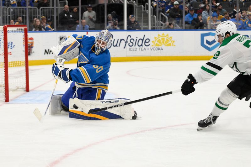 Jan 25, 2025; St. Louis, Missouri, USA; St. Louis Blues goaltender Jordan Binnington (50) defends the net from Dallas Stars center Mavrik Bourque (22) during the third period at Enterprise Center. Mandatory Credit: Jeff Le-Imagn Images