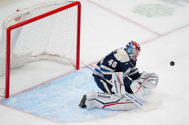 Apr 4, 2024; Columbus, Ohio, USA;  Columbus Blue Jackets goaltender Daniil Tarasov (40) makes a save in net against the New York Islanders in the first period at Nationwide Arena. Mandatory Credit: Aaron Doster-USA TODAY Sports