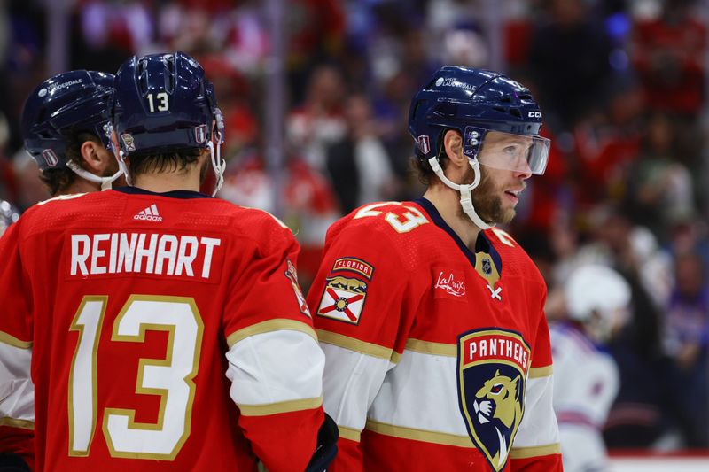 May 28, 2024; Sunrise, Florida, USA; Florida Panthers center Carter Verhaeghe (23) looks on after scoring against the New York Rangers during the second period in game four of the Eastern Conference Final of the 2024 Stanley Cup Playoffs at Amerant Bank Arena. Mandatory Credit: Sam Navarro-USA TODAY Sports