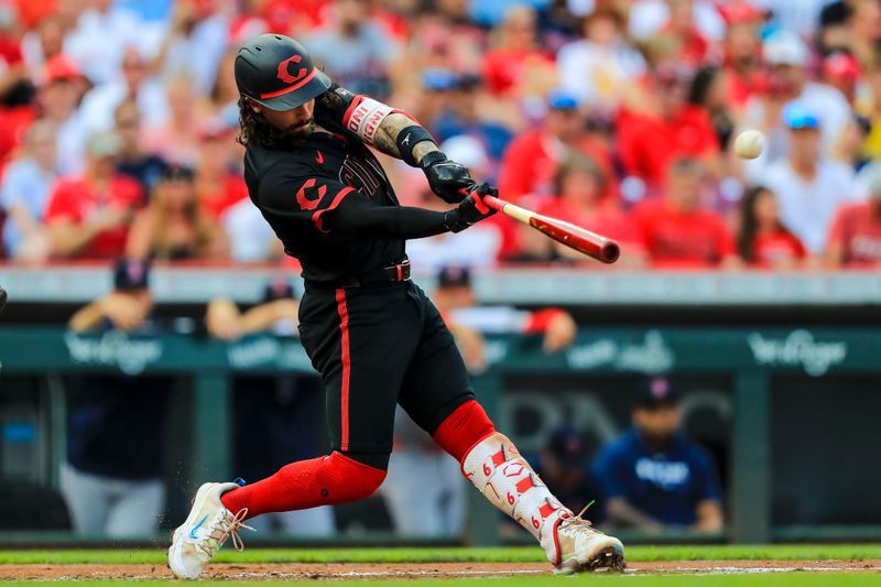 Jun 21, 2024; Cincinnati, Ohio, USA; Cincinnati Reds second baseman Jonathan India (6) hits a solo home run in the second inning against the Boston Red Sox at Great American Ball Park. Mandatory Credit: Katie Stratman-USA TODAY Sports