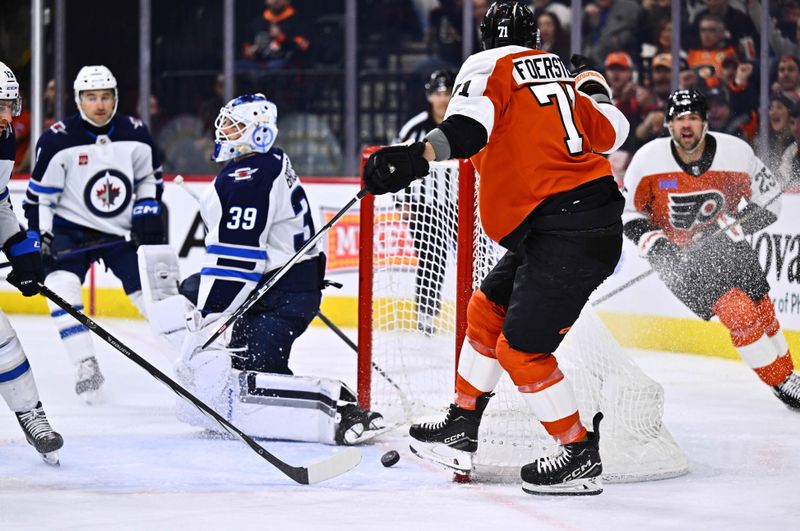 Feb 8, 2024; Philadelphia, Pennsylvania, USA; Philadelphia Flyers right wing Tyson Foerster (71) reacts after scoring a goal against the Winnipeg Jets in the first period at Wells Fargo Center. Mandatory Credit: Kyle Ross-USA TODAY Sports