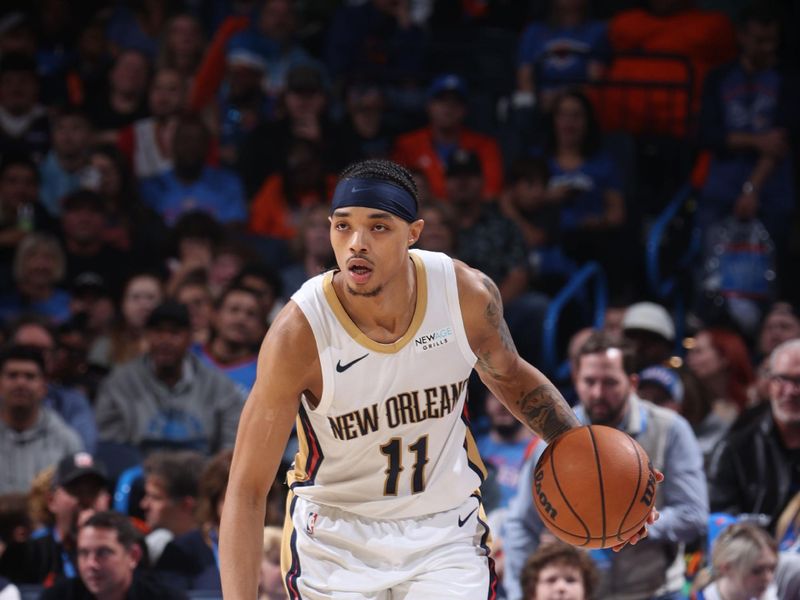 OKLAHOMA CITY, OK - NOVEMBER 13: Brandon Boston Jr. #11 of the New Orleans Pelicans dribbles the ball during the game against the Oklahoma City Thunder on November 13, 2024 at Paycom Center in Oklahoma City, Oklahoma. NOTE TO USER: User expressly acknowledges and agrees that, by downloading and or using this photograph, User is consenting to the terms and conditions of the Getty Images License Agreement. Mandatory Copyright Notice: Copyright 2024 NBAE (Photo by Nathaniel S. Butler/NBAE via Getty Images)