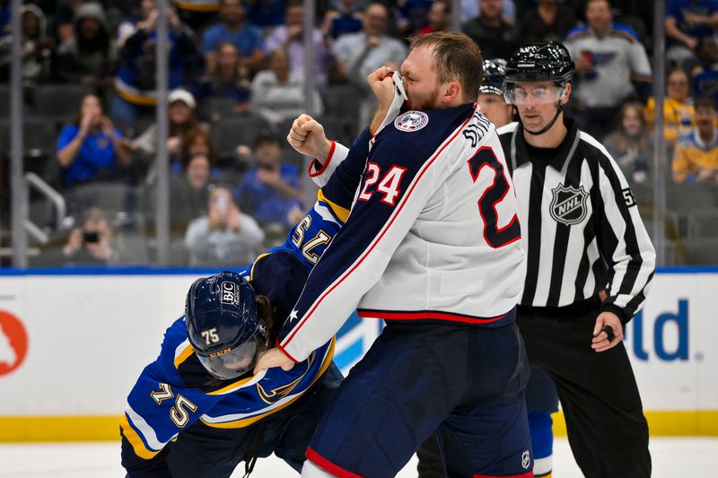 Oct 1, 2024; St. Louis, Missouri, USA;  Columbus Blue Jackets right wing Mathieu Olivier (24) and St. Louis Blues defenseman Tyler Tucker (75) fight during the third period at Enterprise Center. Mandatory Credit: Jeff Curry-Imagn Images