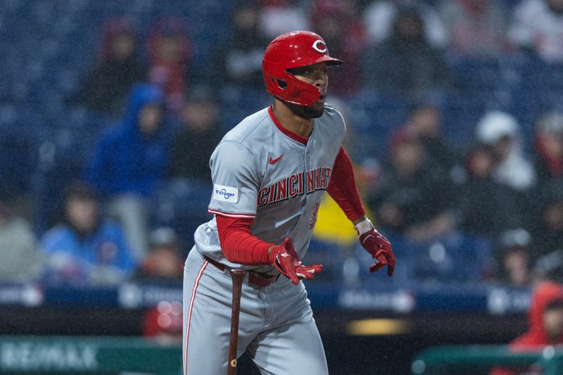 Apr 2, 2024; Philadelphia, Pennsylvania, USA; Cincinnati Reds Will Benson (30) hits an RBI double during the third inning against the Philadelphia Phillies at Citizens Bank Park. Mandatory Credit: Bill Streicher-USA TODAY Sports