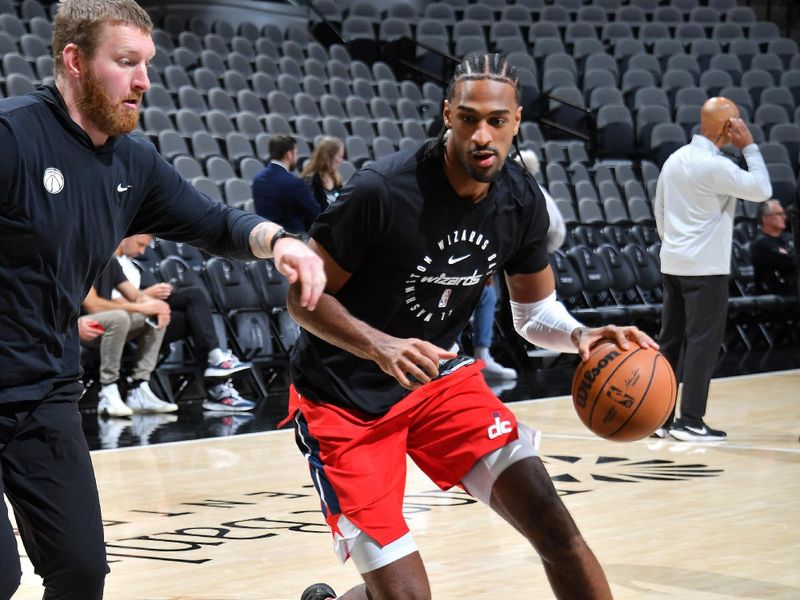 SAN ANTONIO, TX - NOVEMBER 13: Alexandre Sarr #20 of the Washington Wizards warms up before the game against the San Antonio Spurs on November 13, 2024 at the Frost Bank Center in San Antonio, Texas. NOTE TO USER: User expressly acknowledges and agrees that, by downloading and or using this photograph, user is consenting to the terms and conditions of the Getty Images License Agreement. Mandatory Copyright Notice: Copyright 2024 NBAE (Photos by Michael Gonzales/NBAE via Getty Images)