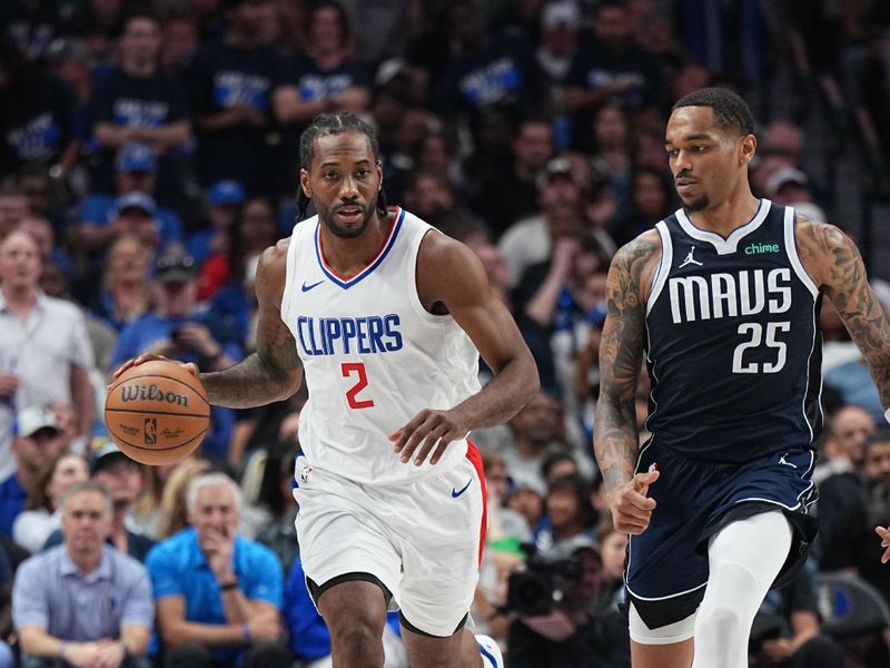 DALLAS, TX - APRIL 26: Kawhi Leonard #2 of the LA Clippers dribbles the ball during the game against the Dallas Mavericks during Round 1 Game 3 of the 2024 NBA Playoffs on April 26, 2024 at the American Airlines Center in Dallas, Texas. NOTE TO USER: User expressly acknowledges and agrees that, by downloading and or using this photograph, User is consenting to the terms and conditions of the Getty Images License Agreement. Mandatory Copyright Notice: Copyright 2023 NBAE (Photo by Glenn James/NBAE via Getty Images)