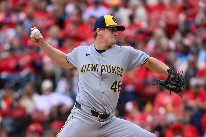 Apr 26, 2025; St. Louis, Missouri, USA;  Milwaukee Brewers starting pitcher Quinn Priester (46) pitches against the St. Louis Cardinals during the first inning at Busch Stadium. Mandatory Credit: Jeff Curry-Imagn Images