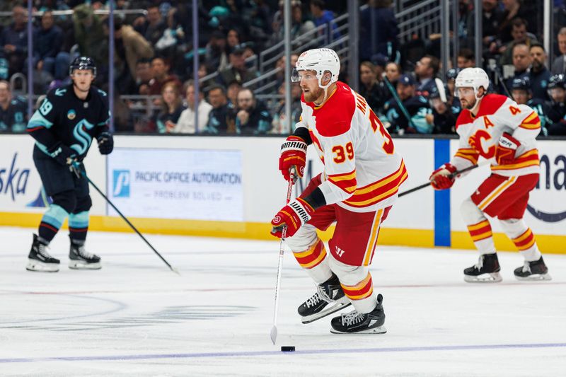 Oct 19, 2024; Seattle, Washington, USA; Calgary Flames right wing Anthony Mantha (39) skates against the Seattle Kraken during the third period at Climate Pledge Arena. Mandatory Credit: Caean Couto-Imagn Images