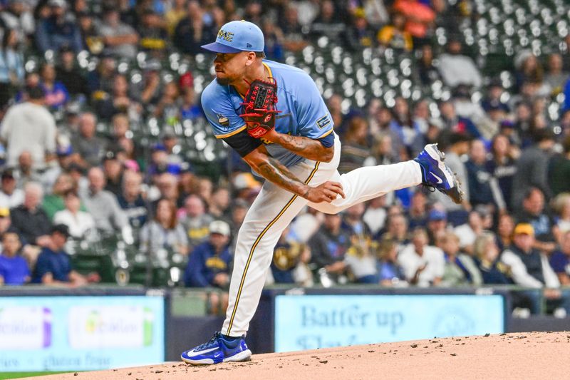 Sep 27, 2024; Milwaukee, Wisconsin, USA; Milwaukee Brewers starting pitcher Frankie Montas (47) pitches in the first inning against the New York Mets at American Family Field. Mandatory Credit: Benny Sieu-Imagn Images