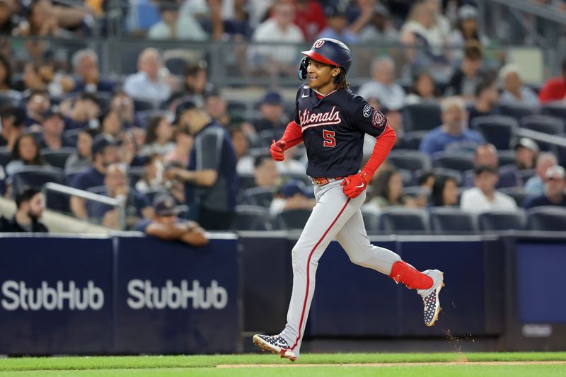 Aug 22, 2023; Bronx, New York, USA; Washington Nationals shortstop CJ Abrams (5) rounds the bases after hitting a solo home run against the New York Yankees during the eighth inning at Yankee Stadium. Mandatory Credit: Brad Penner-USA TODAY Sports