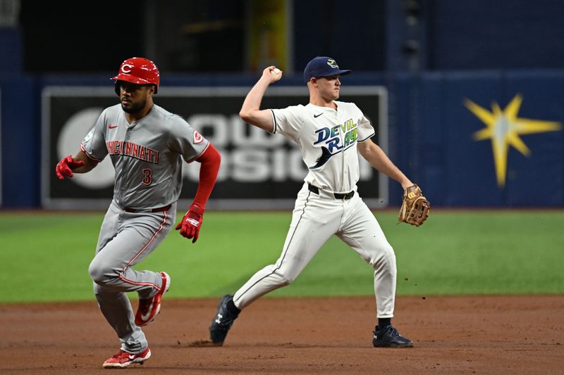 Jul 26, 2024; St. Petersburg, Florida, USA; Tampa Bay Rays third baseman Curtis Mead (25) throws to first base in the first inning against the Cincinnati Reds at Tropicana Field. Mandatory Credit: Jonathan Dyer-USA TODAY Sports