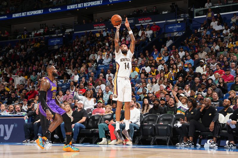 NEW ORLEANS, LA - NOVEMBER 16: Brandon Ingram #14 of the New Orleans Pelicans shoots the ball during the game against the Los Angeles Lakers on November 16, 2024 at the Smoothie King Center in New Orleans, Louisiana. NOTE TO USER: User expressly acknowledges and agrees that, by downloading and or using this Photograph, user is consenting to the terms and conditions of the Getty Images License Agreement. Mandatory Copyright Notice: Copyright 2024 NBAE (Photo by Jesse D. Garrabrant/NBAE via Getty Images)