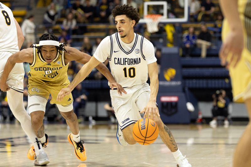 Feb 4, 2026; Berkeley, California, USA; California Golden Bears guard Justin Pippen (10) dribbles around Georgia Tech Yellow Jackets guard Akai Fleming (0) during the second half at Haas Pavilion. Mandatory Credit: D. Ross Cameron-Imagn Images