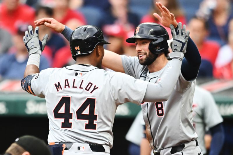 Jul 22, 2024; Cleveland, Ohio, USA; Detroit Tigers designated hitter Justyn-Henry Malloy (44) celebrates with third baseman Matt Vierling (8) after hitting a home run during the first inning against the Cleveland Guardians at Progressive Field. Mandatory Credit: Ken Blaze-USA TODAY Sports