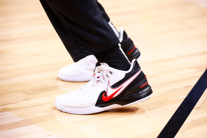 TORONTO, CANADA - FEBRUARY 22: The sneakers worn by Jordan Nwora #13 of the Toronto Raptors on February 22, 2024 at the Scotiabank Arena in Toronto, Ontario, Canada.  NOTE TO USER: User expressly acknowledges and agrees that, by downloading and or using this Photograph, user is consenting to the terms and conditions of the Getty Images License Agreement.  Mandatory Copyright Notice: Copyright 2024 NBAE (Photo by Vaughn Ridley/NBAE via Getty Images)