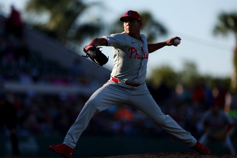 Mar 19, 2024; Lakeland, Florida, USA;  Philadelphia Phillies starting pitcher Ranger Suarez (55) throws a pitch against the Detroit Tigers in the second inning at Publix Field at Joker Marchant Stadium. Mandatory Credit: Nathan Ray Seebeck-USA TODAY Sports