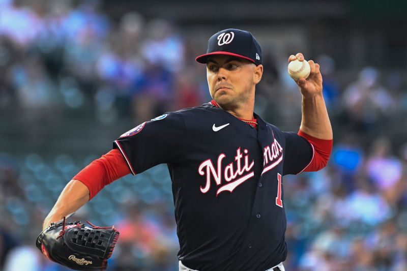 Jul 17, 2023; Chicago, Illinois, USA;  Washington Nationals starting pitcher MacKenzie Gore (1) delivers against the Chicago Cubs during the first inning at Wrigley Field. Mandatory Credit: Matt Marton-USA TODAY Sports