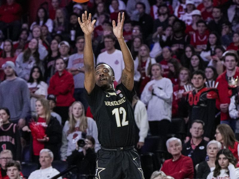 Jan 21, 2023; Athens, Georgia, USA; Vanderbilt Commodores guard Trey Thomas (12) shoots against the Georgia Bulldogs during the first half at Stegeman Coliseum. Mandatory Credit: Dale Zanine-USA TODAY Sports