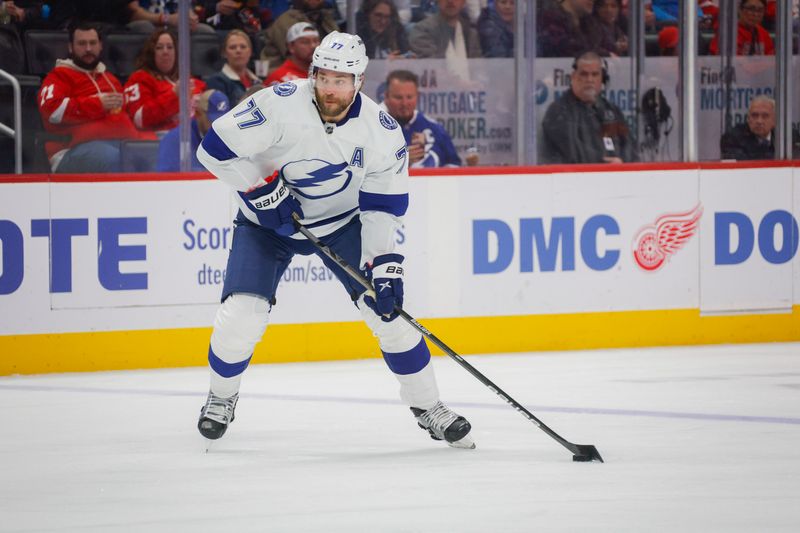 Jan 21, 2024; Detroit, Michigan, USA; Tampa Bay Lightning defenseman Victor Hedman (77) handles the puck during the first period at Little Caesars Arena. Mandatory Credit: Brian Bradshaw Sevald-USA TODAY Sports