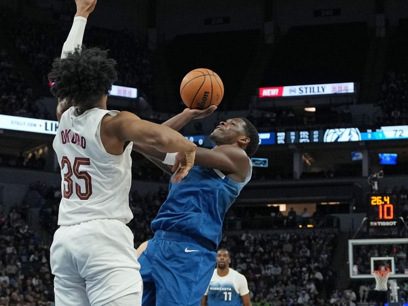 MINNEAPOLIS, MN -  MARCH 22: Anthony Edwards #5 of the Minnesota Timberwolves drives to the basket during the game against the Cleveland Cavaliers on March 22, 2024 at Target Center in Minneapolis, Minnesota. NOTE TO USER: User expressly acknowledges and agrees that, by downloading and or using this Photograph, user is consenting to the terms and conditions of the Getty Images License Agreement. Mandatory Copyright Notice: Copyright 2024 NBAE (Photo by Jordan Johnson/NBAE via Getty Images)