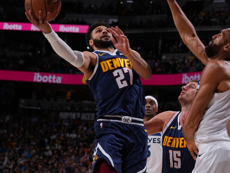 DENVER, CO - APRIL 10: Jamal Murray #27 of the Denver Nuggets shoots the ball during the game against the Minnesota Timberwolves on April 10, 2024 at the Ball Arena in Denver, Colorado. NOTE TO USER: User expressly acknowledges and agrees that, by downloading and/or using this Photograph, user is consenting to the terms and conditions of the Getty Images License Agreement. Mandatory Copyright Notice: Copyright 2024 NBAE (Photo by Bart Young/NBAE via Getty Images)