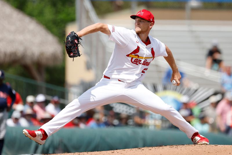 Mar 21, 2024; Jupiter, Florida, USA; St. Louis Cardinals starting pitcher Zack Thompson (57) pitches against the Houston Astros in the second inning at Roger Dean Chevrolet Stadium. Mandatory Credit: Rhona Wise-USA TODAY Sports