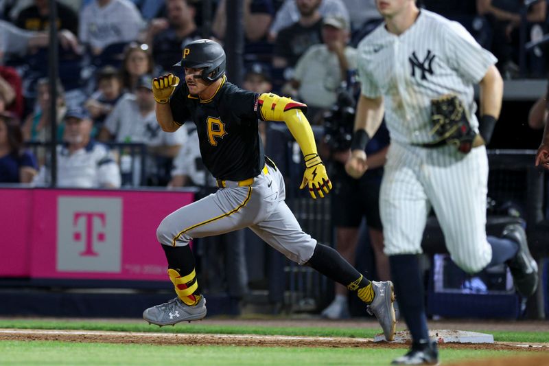 Mar 9, 2026; Tampa, Florida, USA; Pittsburgh Pirates shortstop Konnor Griffin (75) runs to second base on a two-rbi double against the New York Yankees in the fifth inning during spring training at George M. Steinbrenner Field. Mandatory Credit: Nathan Ray Seebeck-Imagn Images