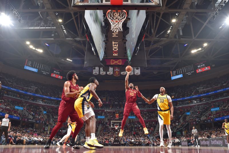 CLEVELAND, OH - APRIL 12: Donovan Mitchell #45 of the Cleveland Cavaliers shoots the ball during the game against the Indiana Pacers on April 12, 2024 at Rocket Mortgage FieldHouse in Cleveland, Ohio. NOTE TO USER: User expressly acknowledges and agrees that, by downloading and/or using this Photograph, user is consenting to the terms and conditions of the Getty Images License Agreement. Mandatory Copyright Notice: Copyright 2024 NBAE (Photo by David Liam Kyle/NBAE via Getty Images)