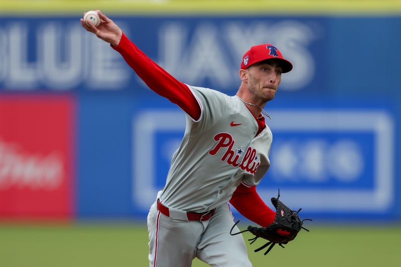 Feb 29, 2024; Dunedin, Florida, USA;  Philadelphia Phillies relief pitcher Connor Brogdon (75) throws a pitch against the Toronto Blue Jays in the fifth inning at TD Ballpark. Mandatory Credit: Nathan Ray Seebeck-USA TODAY Sports