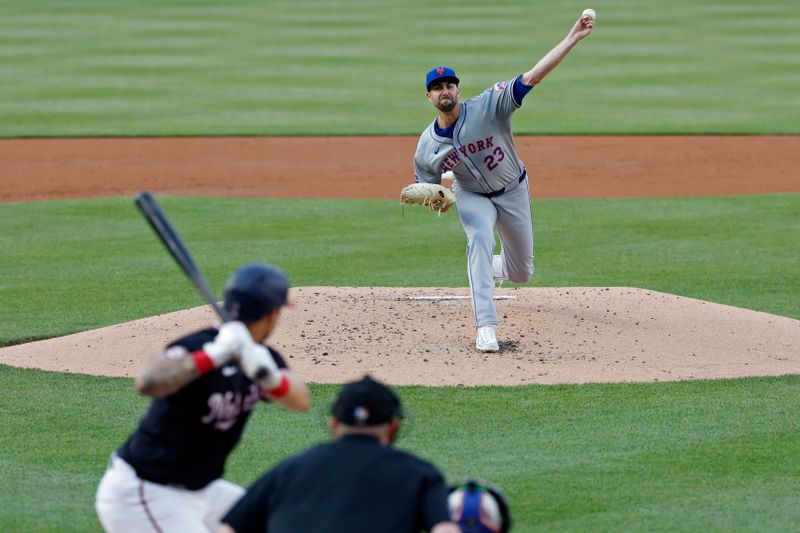 Jun 4, 2024; Washington, District of Columbia, USA; New York Mets pitcher David Peterson (23) pitches against Washington Nationals third base Nick Senzel (13) during the second inning at Nationals Park. Mandatory Credit: Geoff Burke-USA TODAY Sports