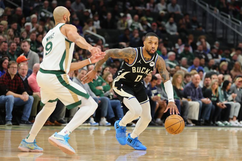 MILWAUKEE, WISCONSIN - JANUARY 11: Damian Lillard #0 of the Milwaukee Bucks is defended by Derrick White #9 of the Boston Celtics during a game at Fiserv Forum on January 11, 2024 in Milwaukee, Wisconsin.  The Bucks defeated the Celtics 135 - 102.  NOTE TO USER: User expressly acknowledges and agrees that, by downloading and or using this photograph, User is consenting to the terms and conditions of the Getty Images License Agreement. (Photo by Stacy Revere/Getty Images)