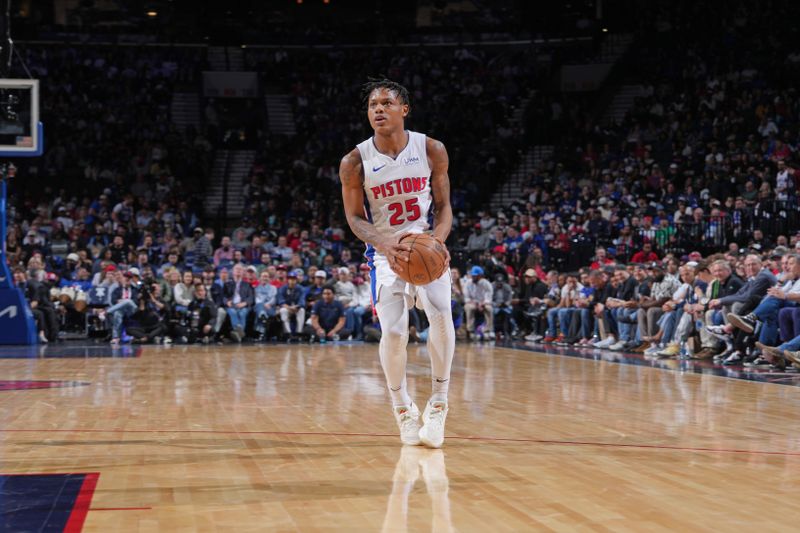 PHILADELPHIA, PA - APRIL 9: Marcus Sasser #25 of the Detroit Pistons shoots the ball during the game against the Philadelphia 76ers on April 9, 2024 at the Wells Fargo Center in Philadelphia, Pennsylvania NOTE TO USER: User expressly acknowledges and agrees that, by downloading and/or using this Photograph, user is consenting to the terms and conditions of the Getty Images License Agreement. Mandatory Copyright Notice: Copyright 2024 NBAE (Photo by Jesse D. Garrabrant/NBAE via Getty Images)