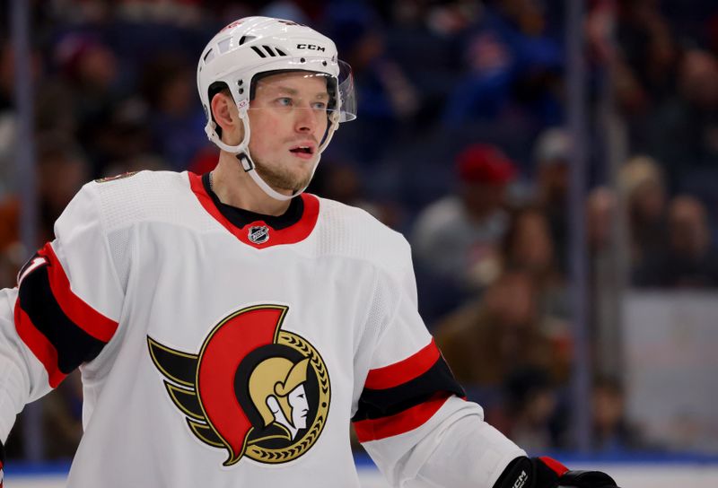 Jan 11, 2024; Buffalo, New York, USA;  Ottawa Senators right wing Vladimir Tarasenko (91) during a stoppage in play Buffalo Sabres during the second period at KeyBank Center. Mandatory Credit: Timothy T. Ludwig-USA TODAY Sports