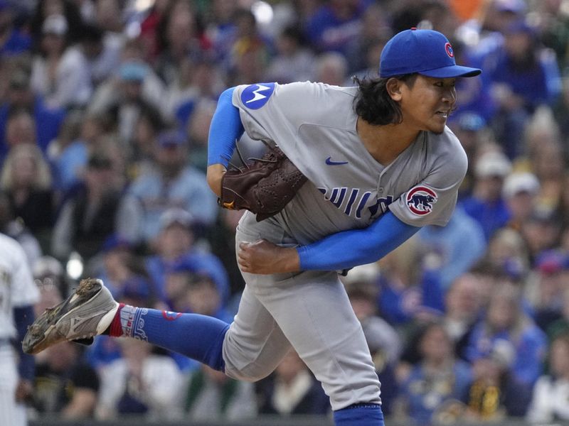 May 4, 2025; Milwaukee, Wisconsin, USA; Chicago Cubs pitcher Shota Imanaga (18) delivers a pitch against the Milwaukee Brewers in the sixth inning at American Family Field. Mandatory Credit: Michael McLoone-Imagn Images